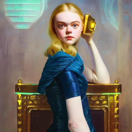 Prompt: Elle Fanning as an Android, oil on canvas, neon lighting, artstation, by J. C. Leyendecker and Peter Paul Rubens,