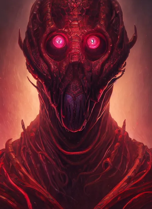 Prompt: Portrait of a Mind Flayer, red glowing eyes, fantasy, extremely detailed, digital painting, artstation, concept art, smooth, sharp focus, illustration, stunning lighting, art by artgerm and greg rutkowski and alphonse mucha and simon stalenhag, realistic character concept, high fantasy, dark atmosphere, golden ratio, cinematic lighting, hyperdetailed, high resolution, insanely detailed and intricate, artstation, Marc Simonetti, Greg Rutkowski, 8k