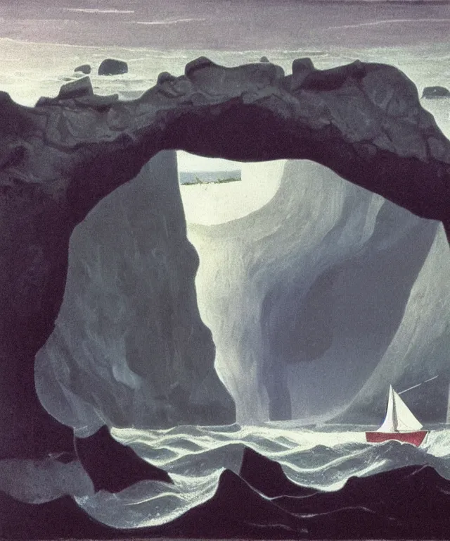 Prompt: photorealistic painting of a 1 9 2 5 seiner sailing near a short tropical cliff with the mouth of a sea cave at the waterline, dark, brooding, atmospheric, lovecraft, horror, smooth, epic, highly detailed, cinematic, lawren harris