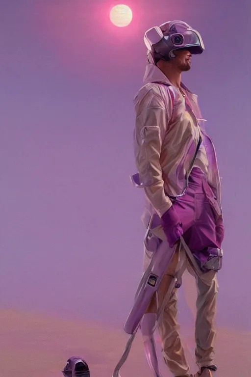 Image similar to ryan gosling robotic clothes in the beach purple sun, pink lighting ultra realistic photorealistic highly detailed high quality, a stunningly, digital painting, artstation, concept art, smooth, sharp focus, illustration, art by artgerm and greg rutkowski and alphonse mucha 8 k