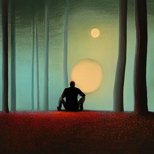 Prompt: A man sits in a forest while being lit up by the moon on a foggy night, vibrant, pastel colours, oil on canvas, depth of field, tilt-shift