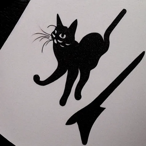 Image similar to tattoo design, stencil, a cat jumping in the air with a sword above it