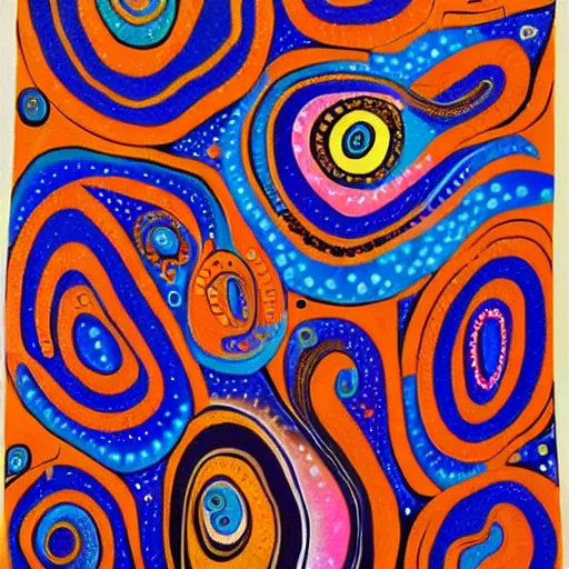 Image similar to the phantom galaxy painted in the style of australian aboriginal art, detailed painting, dot painting, dreamtime, pastel blush color palette, indigenous, ochre papunya tula,