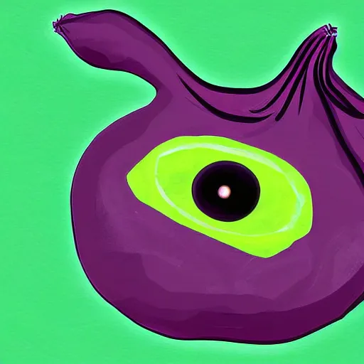 Prompt: an eggplant with two horrible eyes, digital art