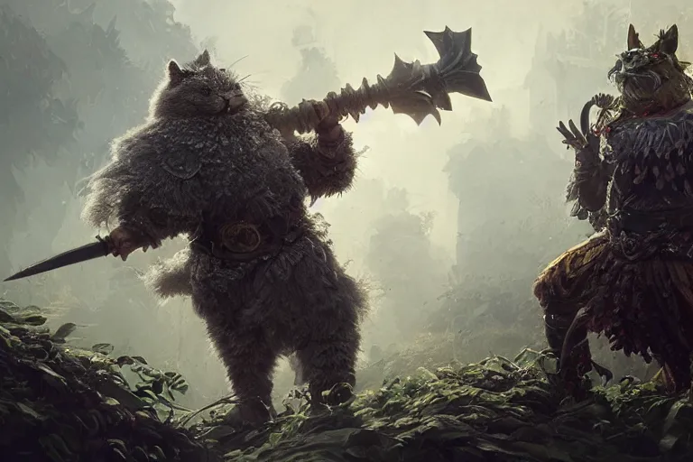 Prompt: a muscular tunesian man wearing shrubbery armor fighting a fluffy cat king with a crown and a scepter and cape, fantasy, digital painting, volumetric light, intricate, sharp, focus, bloom, illustration, highly detailed, concept art, matte, ruan jia, randy vargas, greg rutkowski