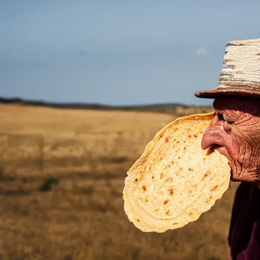 Prompt: an elderly man wearing a hat made from a tortilla, bold natural colors, national geographic photography, masterpiece, 8 k, raw, unedited, symmetrical balance