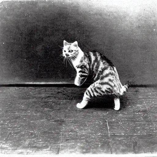 Image similar to daguerrotype of rare photo of cat dancing on hind legs from 1 8 7 9, vintage 1 9 th century photography