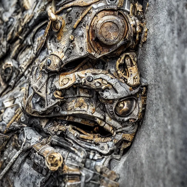 Image similar to photo taken of an epic intricate, ultra detailed, super realistic gritty, hero prop, exquisitely weathered armoured hazardsuit movie props, created by weta workshop, zoomed in shots, photorealistic, sharp focus, white wall, cold colour temperture, golden ratio