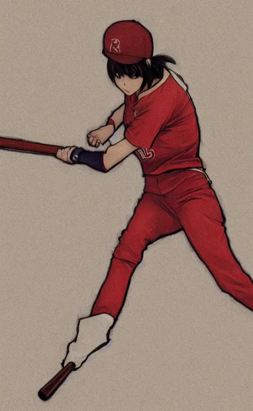 Image similar to anime style, female baseball player using bat, red sport clothing, strike pose, launching a straight ball, brown short hair, hair down, symmetrical facial features, from arknights, hyper realistic, rule of thirds, extreme detail, 4 k drawing, safebooru, realistic lighting, by alphonse mucha, greg rutkowski, sharp focus, backlit