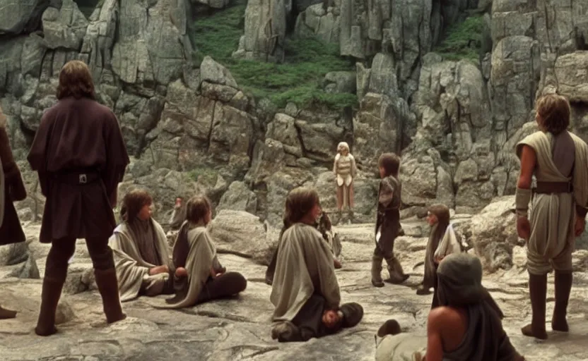 Image similar to screenshot of Luke Skywalker teaching a close of young padawans outside a rocky Jedi Temple scene from The Force Awakens, 1970s film by Stanley Kubrick, serene, iconic scene, Mark Hammil portrait, stunning cinematography, hyper-detailed, sharp, anamorphic lenses, kodak color film, 4k