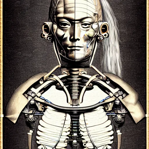 Prompt: Leonardo Davinci sketch of the inner workings of a cyborg samurai, high detail, post-processing , Corporate Memphis Illustration, Japanese patent , Anatomical Drawing, Painting