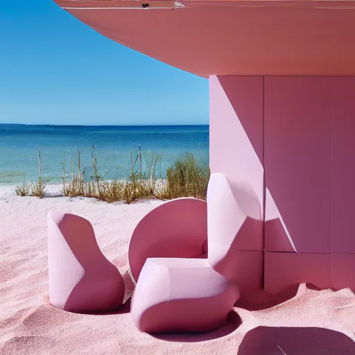 Image similar to An ultra high definition, professional photograph of ( an outdoor partial IKEA showroom inspired sculpture located on a pastel pink beach ((with pastel pink, dimpled sand where every item is pastel pink. )) The sun can be seen rising through a window in the showroom. The showroom unit is outdoors and the floor is made of dimpled sand. The showroom unit takes up 20% of the frame. )A square dot matrix sign displays an emoji somewhere in the scene. Morning time indirect lighting with on location production lighting on the showroom. In the style of wallpaper magazine, Wes Anderson.