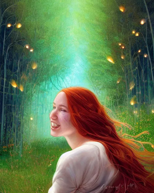 Prompt: infp girl, smiling, amazed by the lights of golden fireflies, sitting in the midst of nature fully covered, long loose red hair, intricate linework, dreamy green eyes, small nose with freckles, oval shape face, realistic, expressive emotions, dramatic lights, spiritual scene, hyper realistic ultrafine digital art by james jean and albert bierstadt and artgerm