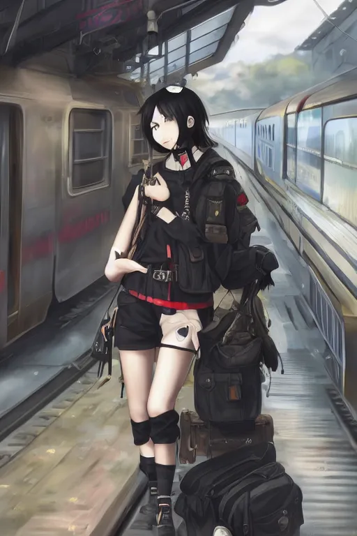 Prompt: anime girl with short black hair wearing military clothes at a train station in japan, aesthetic, wlop, digital painting, trending on artstation, highly detailed, epic composition, 8 k uhd