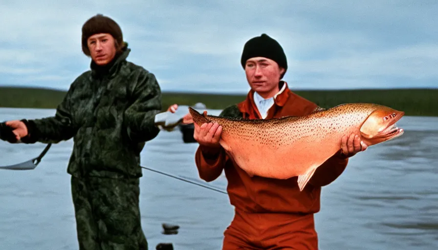 Prompt: 7 0 s movie still of putin in fetish outfit, proudly holding a salmon on a fishing trip in siberia. cinestill 8 0 0 t _ 3 5 mm eastmancolor, heavy grain, high quality, high detail