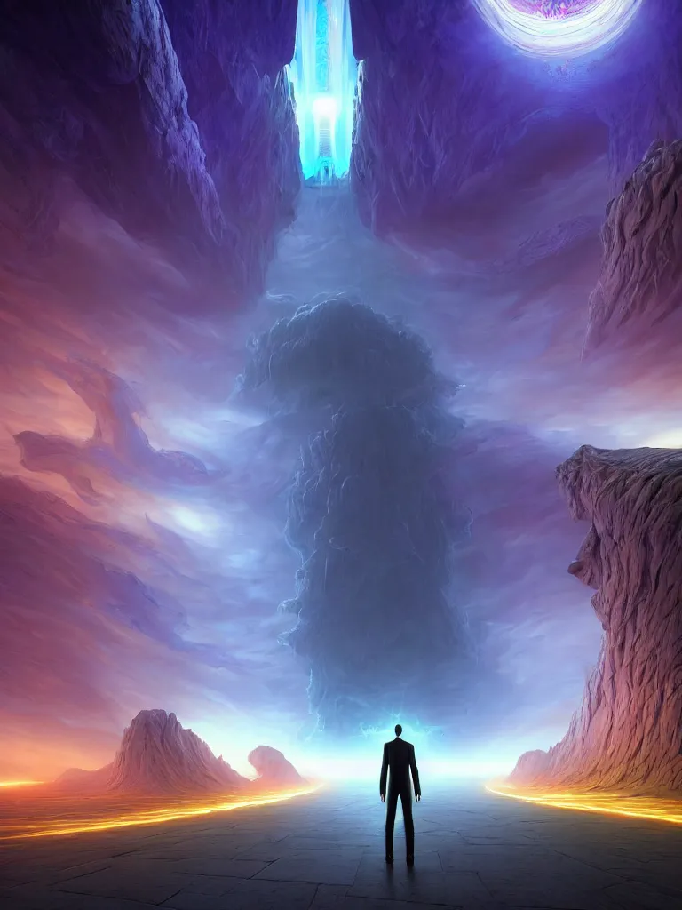 Prompt: entrance to ethereal realm, god waiting, rendered in unreal engine, central composition, symmetrical composition, dreamy colorful cyberpunk colors, 6 point perspective, fantasy landscape with anthropomorphic!!! terrain!!! in the styles of igor morski, jim warren, and rob gonsalves, intricate, hyperrealistic, volumetric lighting, big sky, distinct horizon