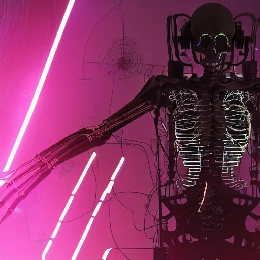 Image similar to cyberpunk skeleton with headphones playing synthesizer, honeycomb structure, smokey lights, lasers, highly detailed, realistic, dusty, technology and magic,