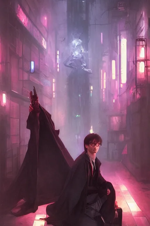 Image similar to Harry Potter in cyberpunk, implants, neon lighting, digital art from artstation by Ruan Jia and Mandy Jurgens and Artgerm and william-adolphe bouguereau and Greg Rutkowski