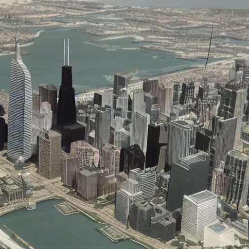 Image similar to godzilla in a miniature city model of chicago