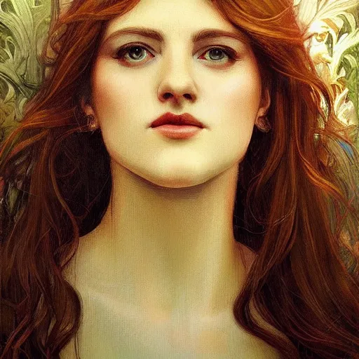 Prompt: amazing artgerm portrait of kelsey grammar as a preraphaelite painting, collaboration with j. scott campbell and artgerm with edward burn jones