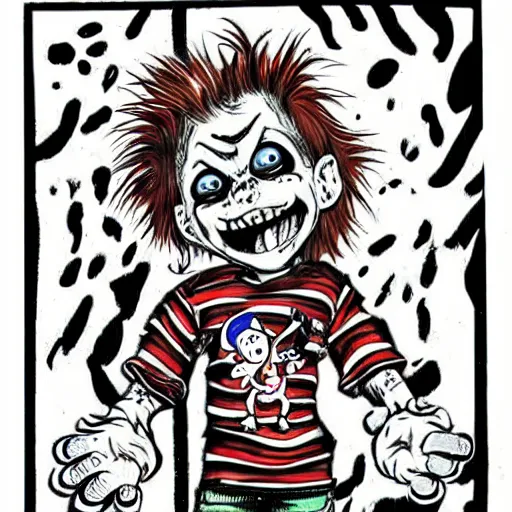 Image similar to grunge cartoon drawing of chucky by - dr seuss , loony toons style, horror themed, detailed, elegant, intricate