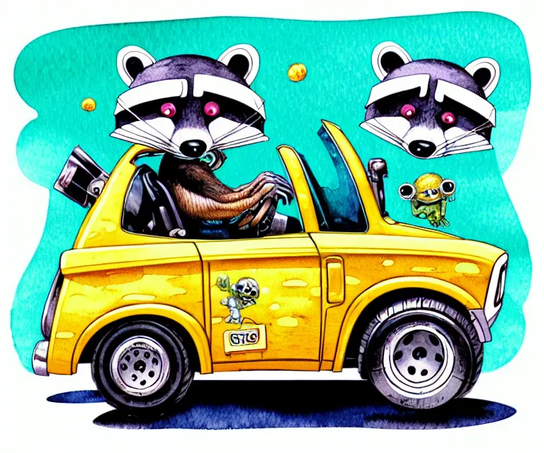 Image similar to cute and funny, racoon wearing a helmet riding in a tiny hot rod with oversized engine, ratfink style by ed roth, centered award winning watercolor pen illustration, isometric illustration by chihiro iwasaki, edited by olga shvartsur, tiny details by artgerm, symmetrically isometrically centered