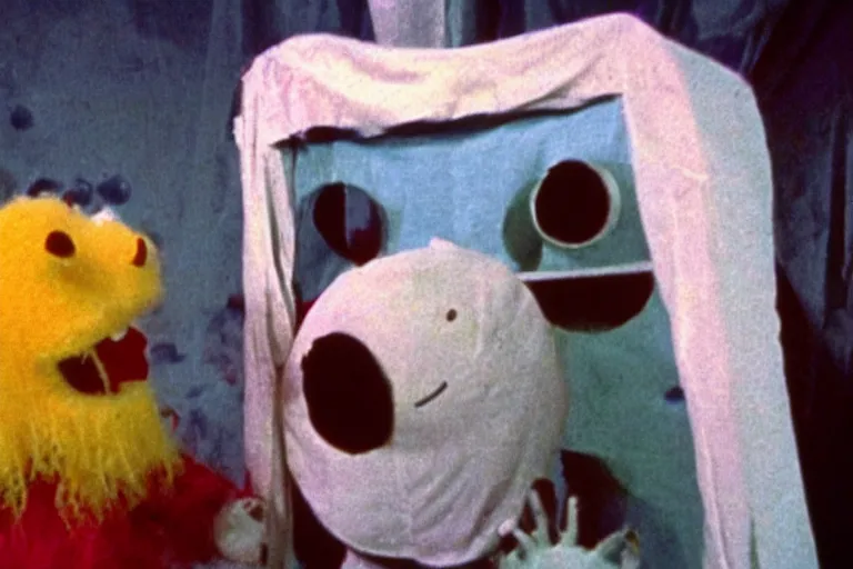 Prompt: a color still from a weird 1972 kids tv show where a sad cheese puppet and a furry ghost have a tickle party with death tent, grunge, horror, distressed, wet