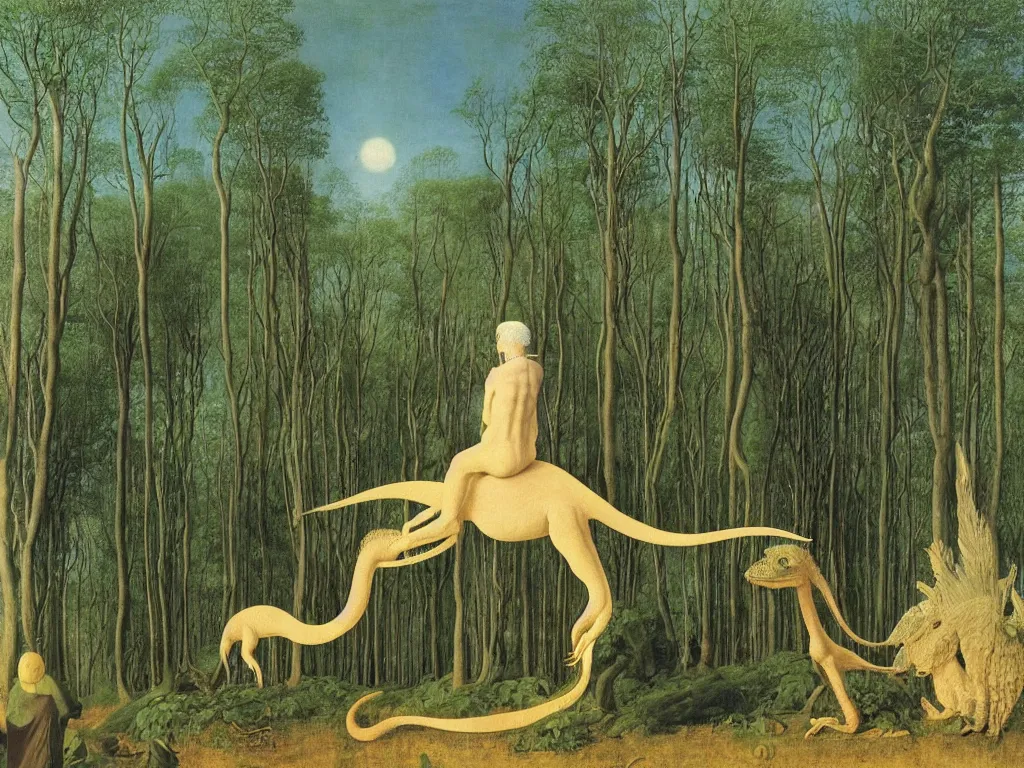 Prompt: albino mystic, with his back turned, looking at a dinosaur over the forest in the distance. Painting by Jan van Eyck, Audubon, Rene Magritte, Agnes Pelton, Max Ernst, Walton Ford