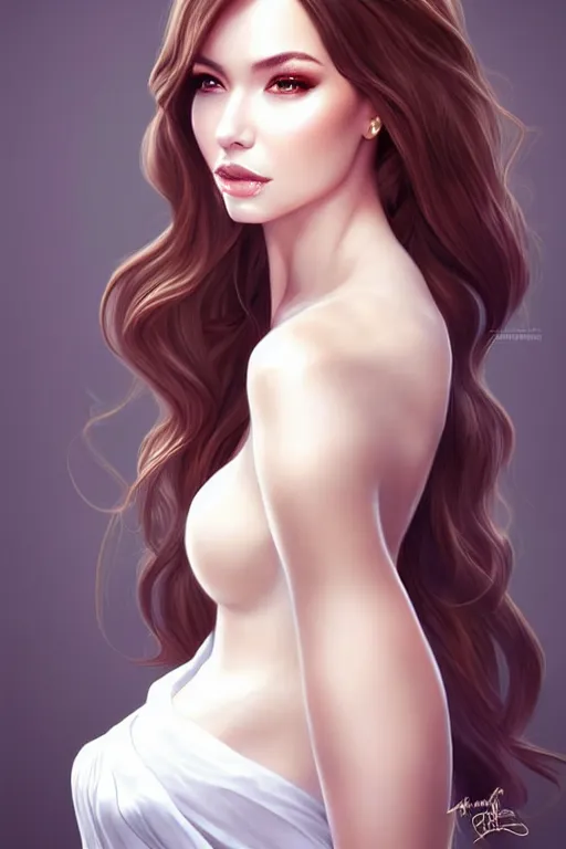 Image similar to Portait of a very very attractive woman with large brown hair in silk white dress, smirking face, femme fatale vibes, intricate, elegant, fantasy, smooth, art by artgerm