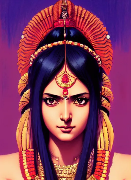 Image similar to a comic portrait of an indian goddess, fine - face, realistic shaded perfect face, fine details. night setting. very anime style. realistic shaded lighting poster by ilya kuvshinov katsuhiro, magali villeneuve, artgerm, jeremy lipkin and michael garmash, rob rey and kentaro miura style, trending on art station