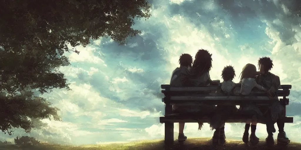 Image similar to a family with sorrow faces sitting on a bench, dramatic sky, close up shot, anime art, Greg Rutkowski, dramatic lighting