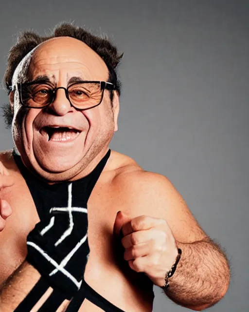 Image similar to portrait of danny devito as a wwe professional wrestler. photographic, photography