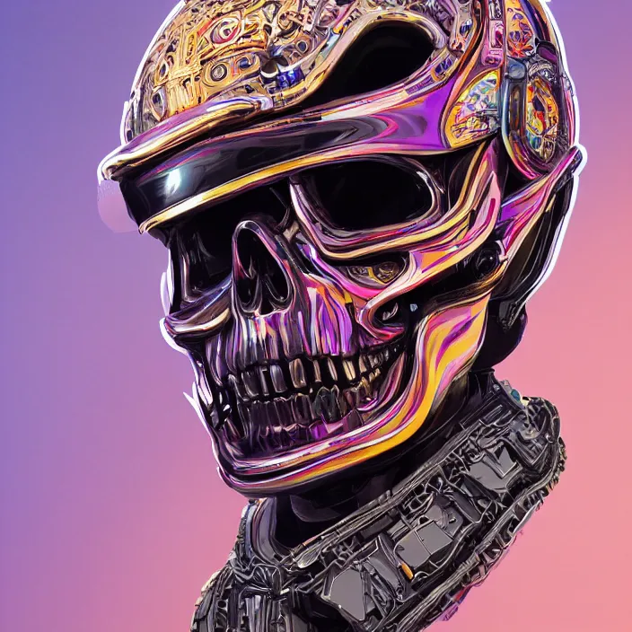 Image similar to portrait of a skull in a racing helmet. intricate abstract. intricate artwork. by Tooth Wu, wlop, beeple, dan mumford. octane render, trending on artstation, greg rutkowski very coherent symmetrical artwork. cinematic, hyper realism, high detail, octane render, 8k, iridescent accents