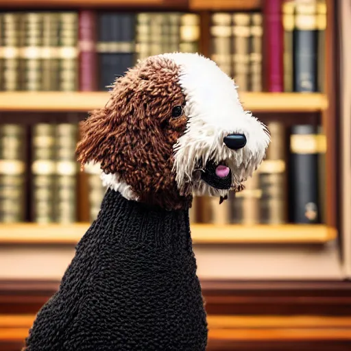 Image similar to a closeup photorealistic photograph of a cute smiling knitted bernedoodle judge dog dressed in a black gown, presiding over the courthouse. indoors, professional capture, well lit shot. this 4 k hd image is trending on artstation, featured on behance, well - rendered, extra crisp, features intricate detail, epic composition and the style of unreal engine.