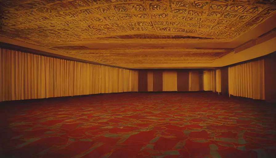 Prompt: 70s movie still of a ballroom with ceiling made of stairs , cinestill 800t Technicolor, heavy grain, high quality, criterion collection, liminal space style