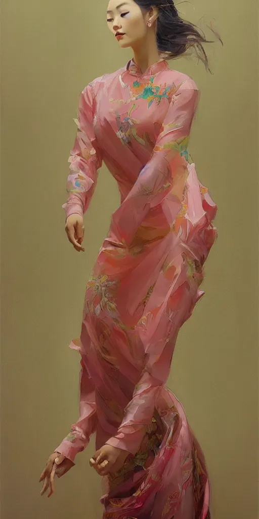 Image similar to yanjun cheng portrait of a beautiful vietnamese woman wearing vietnamese ao dai, intricate, detailed, symmetric face, by wlop and karol bak