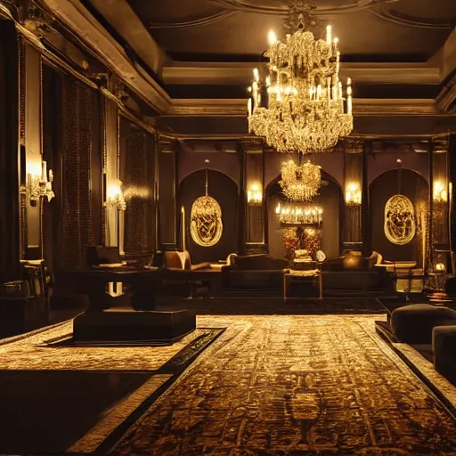 Image similar to upscale mysterious private auction, unnameable relics on display, moody lighting, extravagant details, lobby in the distance, elite