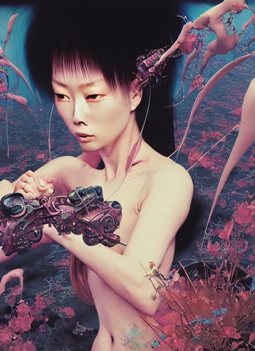 Prompt: cyberpunk asian demure lawnmower in a virtual reality, by francis bacon, by ayami kojima, by amano, by karol bak, greg hildebrandt, by mark brooks, by alex grey, by zdzisław beksinski, by takato yamamoto, ultra detailed, high resolution, ultra detailed, wrapped thermal background, close - up wide portrait