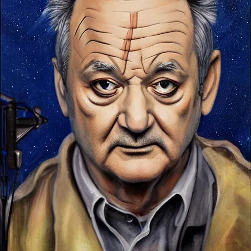 Prompt: epic close up portrait painting of bill murray in ghostbuster depicted like a saint in a orthodox icon, ornate, very beautiful, concept art, realistic painting, 8 k, hd,