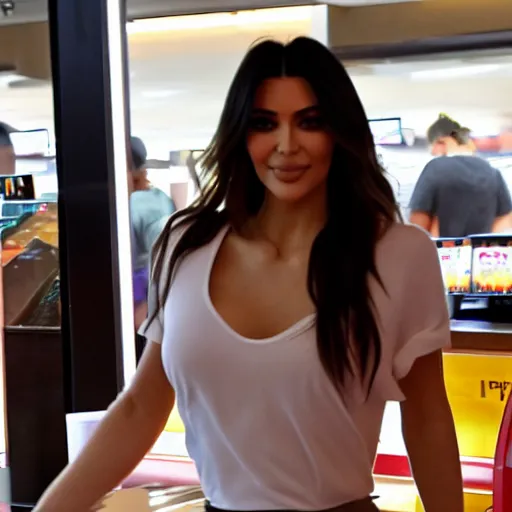Prompt: kylie kardashian doing the moonwalk in front of the counter at mcdonalds, uhd, 8k, award winning photography, trending, beautiful, happy,