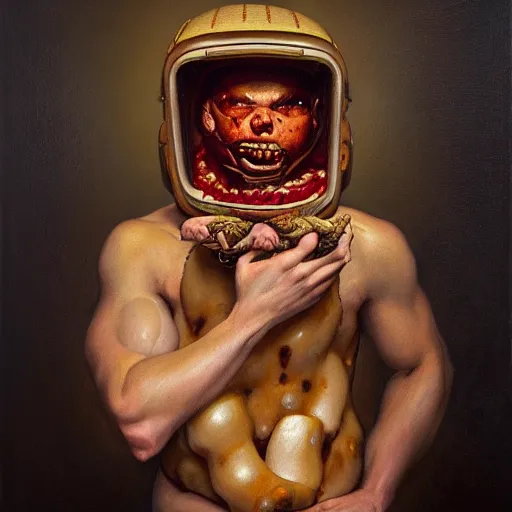 Image similar to portrait of fully dressed pizza as doomguy by alexander mcqueen, by roberto ferri, by tom bagshaw, by j. c. leyendecker and klimt, by austin osman spare, highly detailed oil painting, very intricate, cinematic lighting, award - winning, american romanticism, artstation, cgsociety, official art, octane