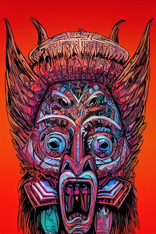 Image similar to totem animal tribal chaman vodoo mask feather gemstone plant wood rock video game illustration vivid color borderlands by josan gonzales and dan mumford radiating a glowing aura