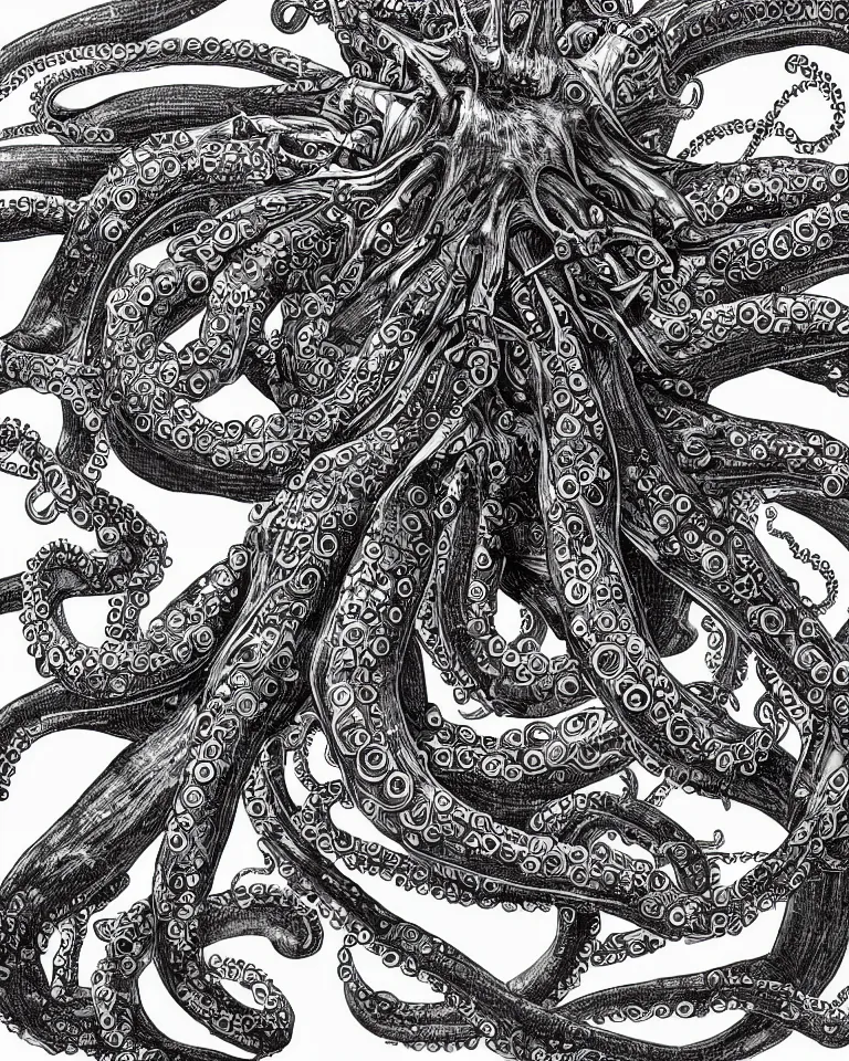 Image similar to a detailed scientific anatomical illustration of an alien cybernetic octopus made of eurorack synthesizers