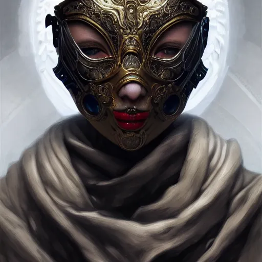 Prompt: Very very very very highly detailed epic photo of face with venetian mask, intricate, dystopian, sci-fi, extremely detailed, digital painting, artstation, concept art, smooth, sharp focus, illustration, intimidating lighting, incredible art by Brom