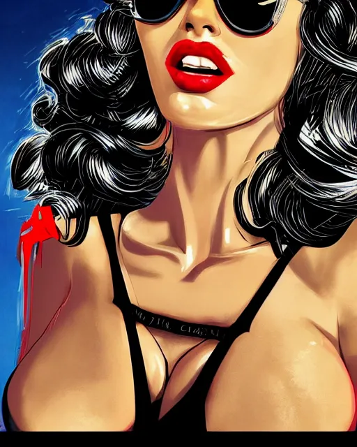 Prompt: dream of a film still from sin city, closeup portrait of film noir angry megan fox in a bikini wearing a hat and sunglasses, china town, glamour pose, detailed illustration, digital art, trending on artstation, frank miller, arney freytag, dan mumford, patrick nagel, graffiti, gta v,