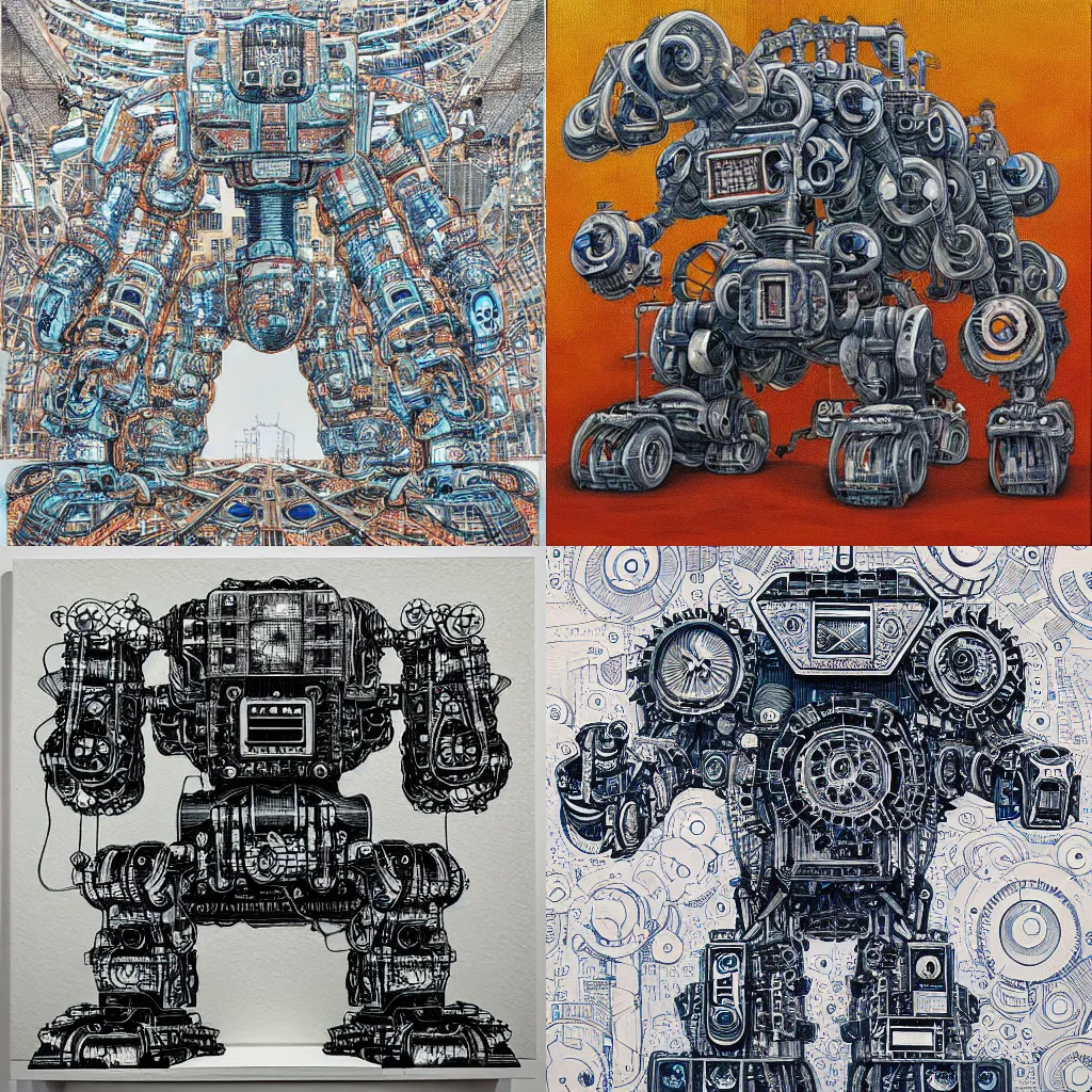 Prompt: “a giant mechanical building robot, oil dotwork on canvas by James Jean”