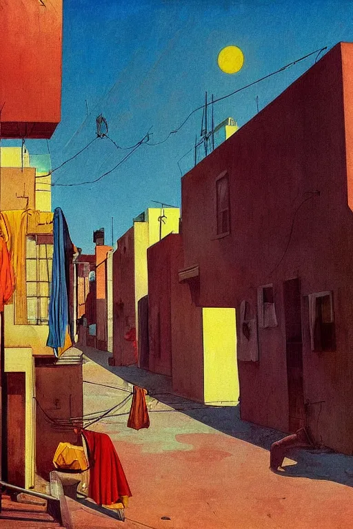 Prompt: eerie tel aviv street mystery at dusk, laundry hanging to dry, solar water heaters and antennas on the roofs, colorful film noir scene. by moebius, giorgio de chirico, edward hopper