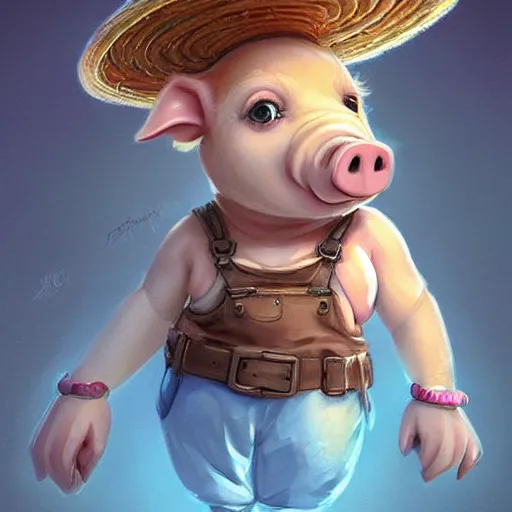 Image similar to cute little anthropomorphic funny female pig wearing shorts, a sunhat, boots and a pale blue shirt!! tiny!! fully clothed!!! small, short, cute and adorable, character art portrait, matte fantasy painting, deviantart artstation, by jason felix by steve argyle by tyler jacobson by peter mohrbacher, cinema