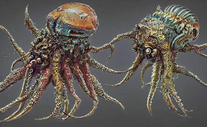 Prompt: sci - fi biomechanical, colored unreal engine monster character design, fantasy. intricate jellyfish crab eagle lizard biomechanical. by ernst haeckel