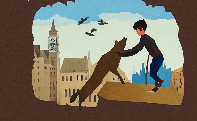 Image similar to a boy fighting a wolf on the edge of a clocktower, storybook, muted colors, gouache, flat, sharp edges, print